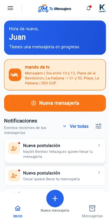 Pantalla de inicio de Tu Mensajero